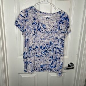 Lilly Pulitzer Etta V Neck Short Sleeve Shirt Blue/White Palm Tree Print L